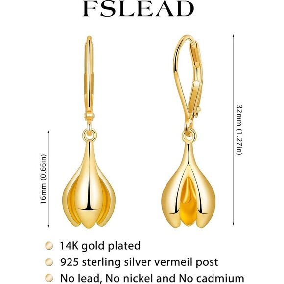 14K Gold- Floral Leverback Dangle Drop Hypoallergenic Earring for Women - Picture 6 of 7